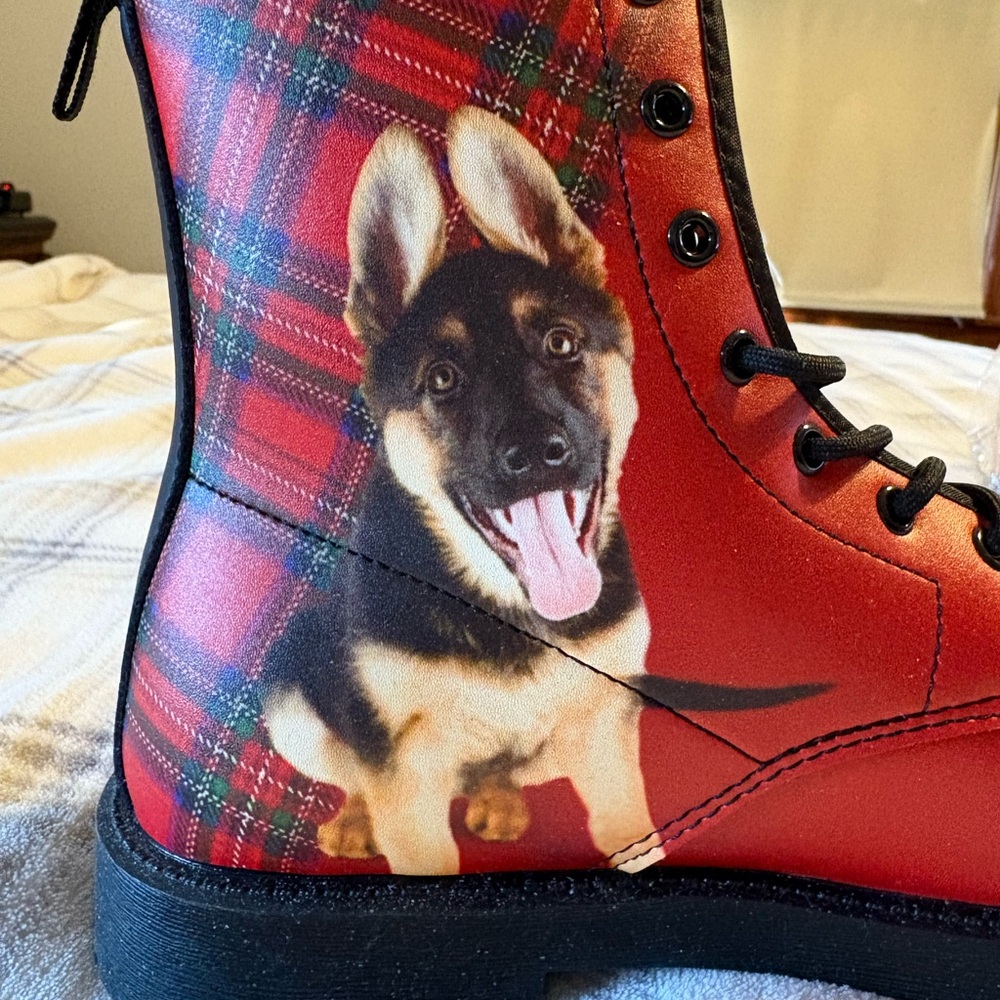 New Red Plaid German Shepherd Dog Print Boots-woman’s